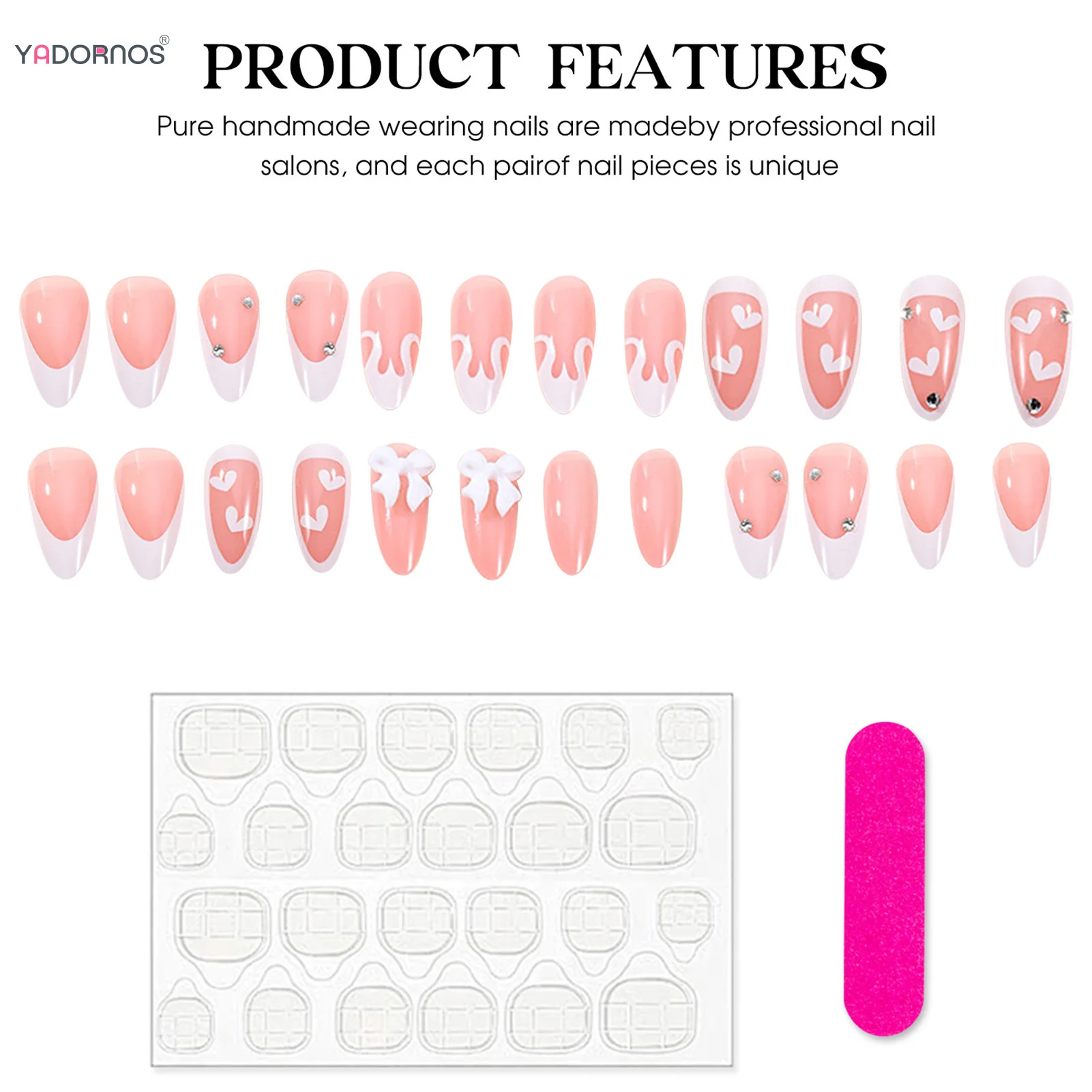 핑크 아몬드 프레스 네일, 프랑스 스타일, 3D 나비 매듭, 가짜 네일 팁, 광택 다이아몬드 디자인, 24 개