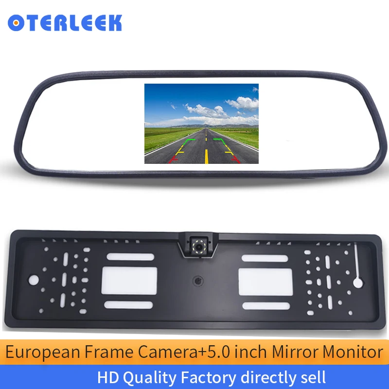 

5.0" TFT LCD 2 Video Input Car Rear View Mirror Monitors With 8 LED EU License Plate Frame RearView Reversing Backup Camera