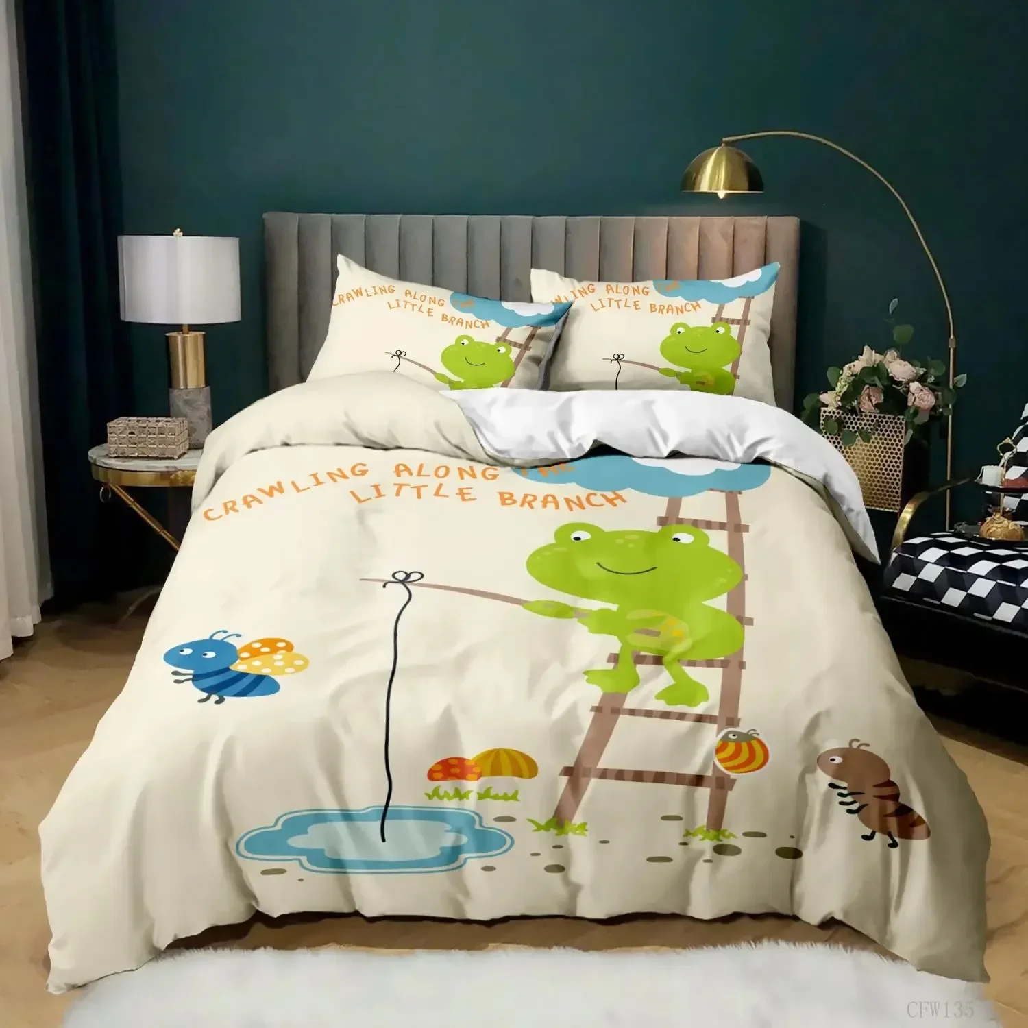 Cartoon Frog Duvet Cover Set KingQueen Size Lovely Green Animal Reptile Funny Face Bedding Set Polyester Comforter Cover