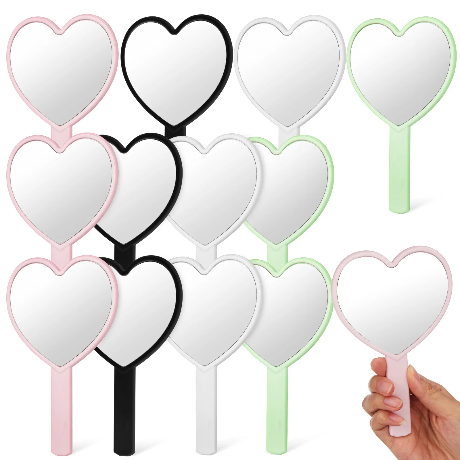 12 Stück herzförmiger Handspiegel, niedliches Design, mehrere Farben, klare Spiegeloberfläche, einfach jederzeit zu tragen, Handspiegel