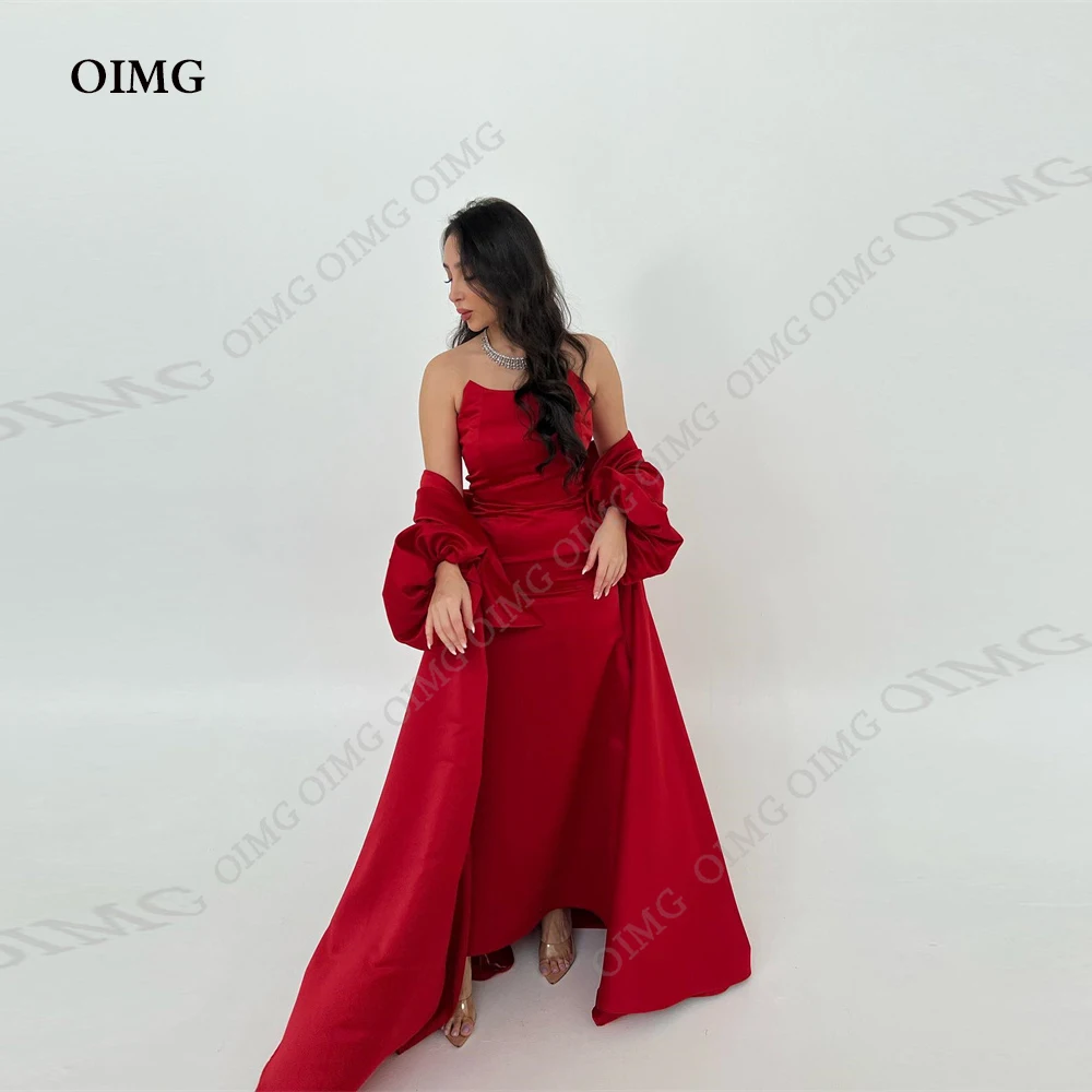 

OIMG Simple Red Satin Sweetheart Evening Dreses Jacket Long Sleeves Dubai Arabic Women Celebrity Dress Formal Occasion Gowns