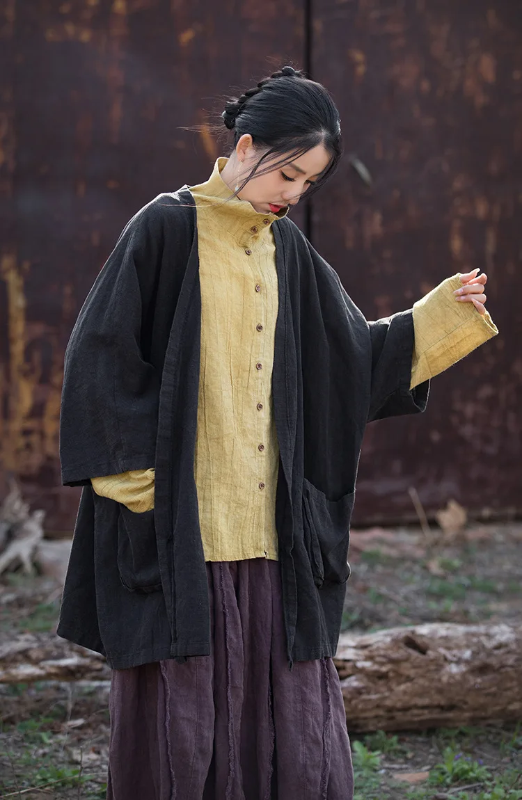 Outono inverno mistura de algodão tingido original robe-estilo casaco solto-ajuste de comprimento médio cardigan preguiçoso boho-chique topo feminino