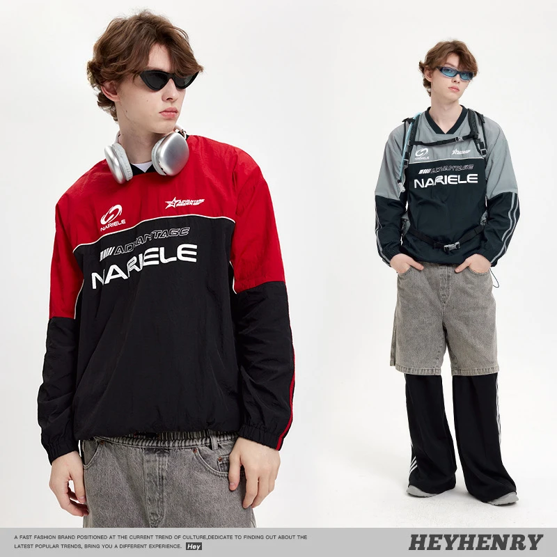 

Early Spring Motorcycle Racing Suit Sweatshirt Men's Loose Youth Long-sleeved Bottoming Shirt Contrasting Color Trend