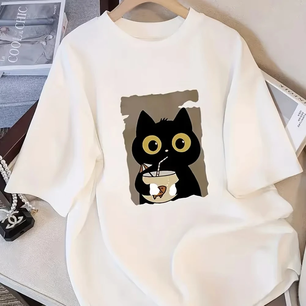 Camiseta de manga corta blanca de otoño Y2K para mujer lindo gato negro y té Boba estampado de dibujos animadoscamiset
