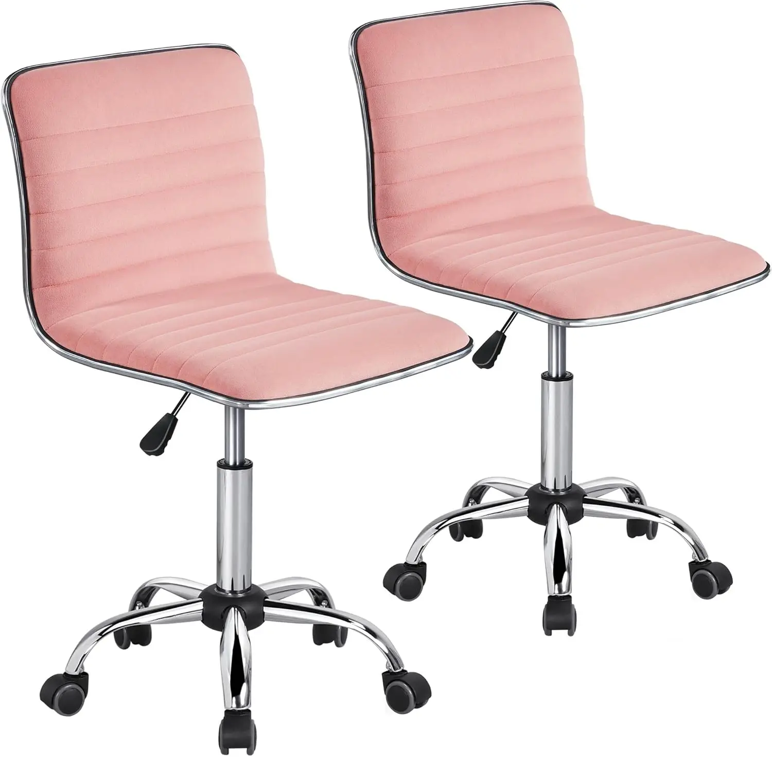 

2PCS Low Back Velvet Chairs Swivel Armless Desk Chair Ribbed Task Chair w/Lumbar Support, Wheels Apricot Pink