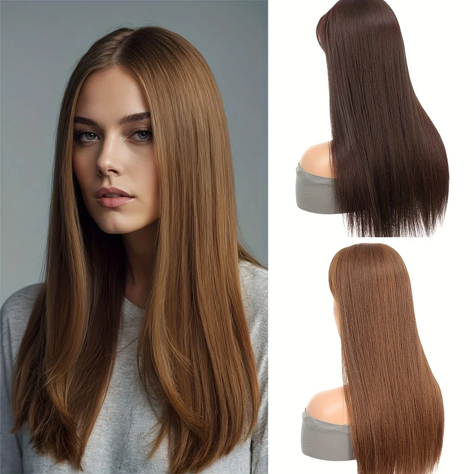 

Synthetic fashion wigs with long straight hair head and top hair patch Chemical fiber top hair patch wig