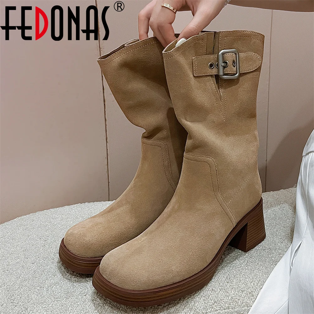 

FEDONAS New Suede Leather Women Mid-calf Boots Thick High Heels Autumn Winter High Boots Round Toe Warm Shoes Motorcycle Boots