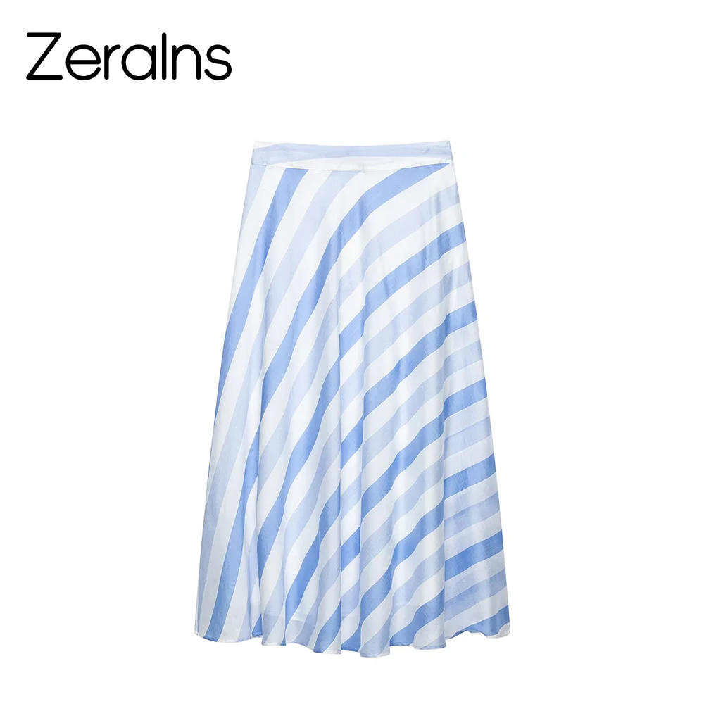 ZERAINS 26 Summer New Women's Fashion Versatile Mid Waist Striped A-line Umbrella Skirt Midi Half Body Skirt Umbrella Skirt