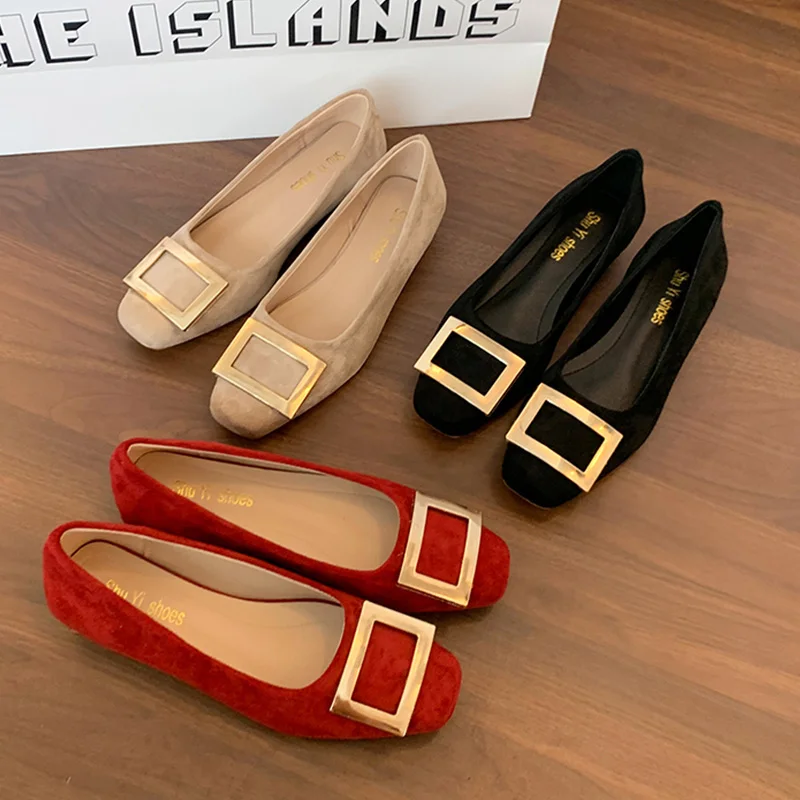 

Golden Square Buckle Shallow Loafers Woman Elegant Low Heel Ballet Flat Shoe Ladies Autumn Soft Suede Slip-on Brand Design Shoes