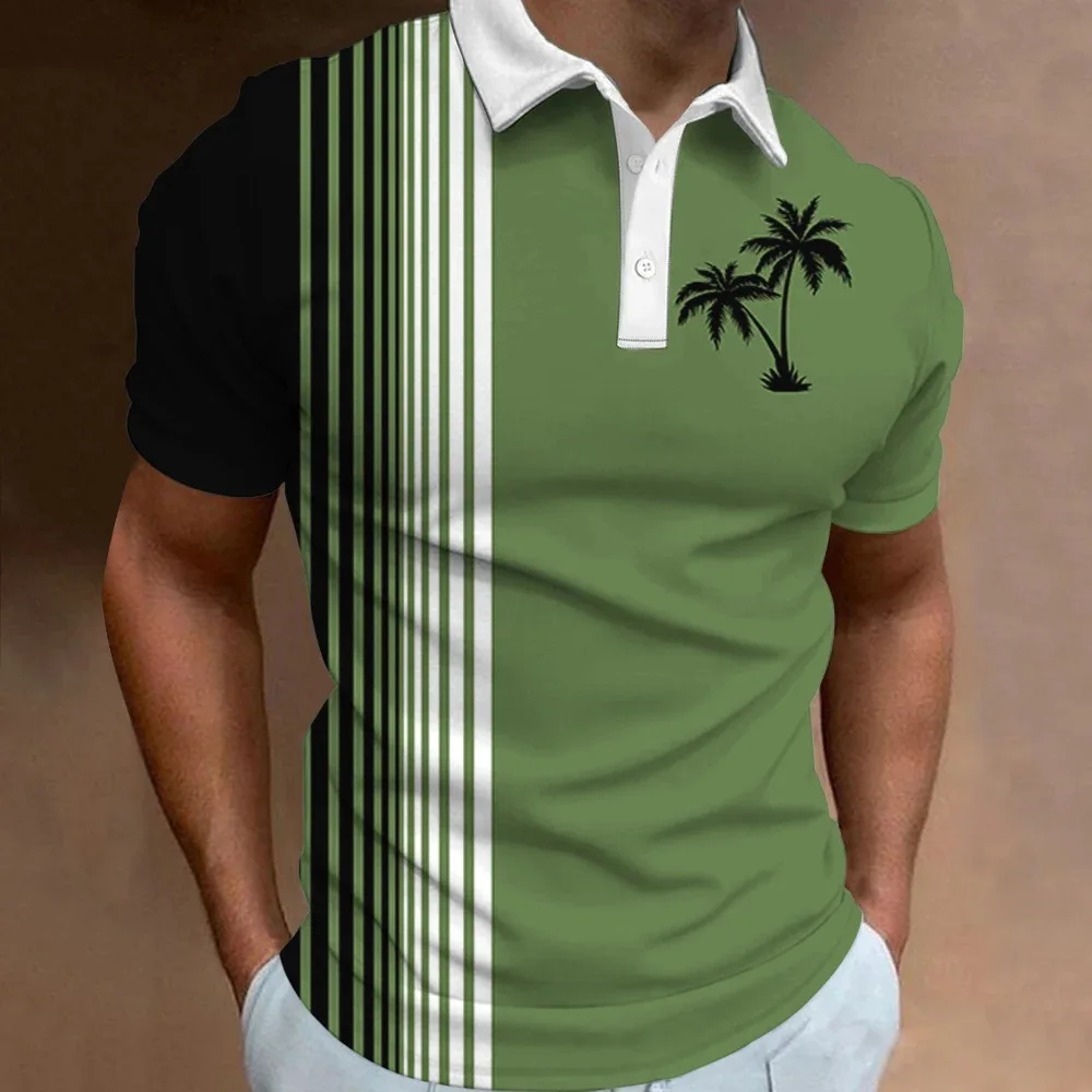 Fashion Striped And Coconut Tree Pattern Men's Green Polos T-Shirts Summer Short Sleeve 3D Print Street POLO Tops 6XL Plus Size