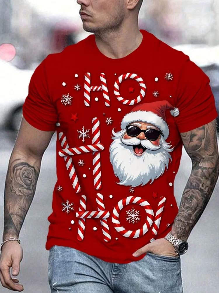 

Trendy HO Letter Santa Claus Printed T Shirt For Men Funny Christmas Party T-shirt Trend Street Men's Clothing Daily Casual Tops