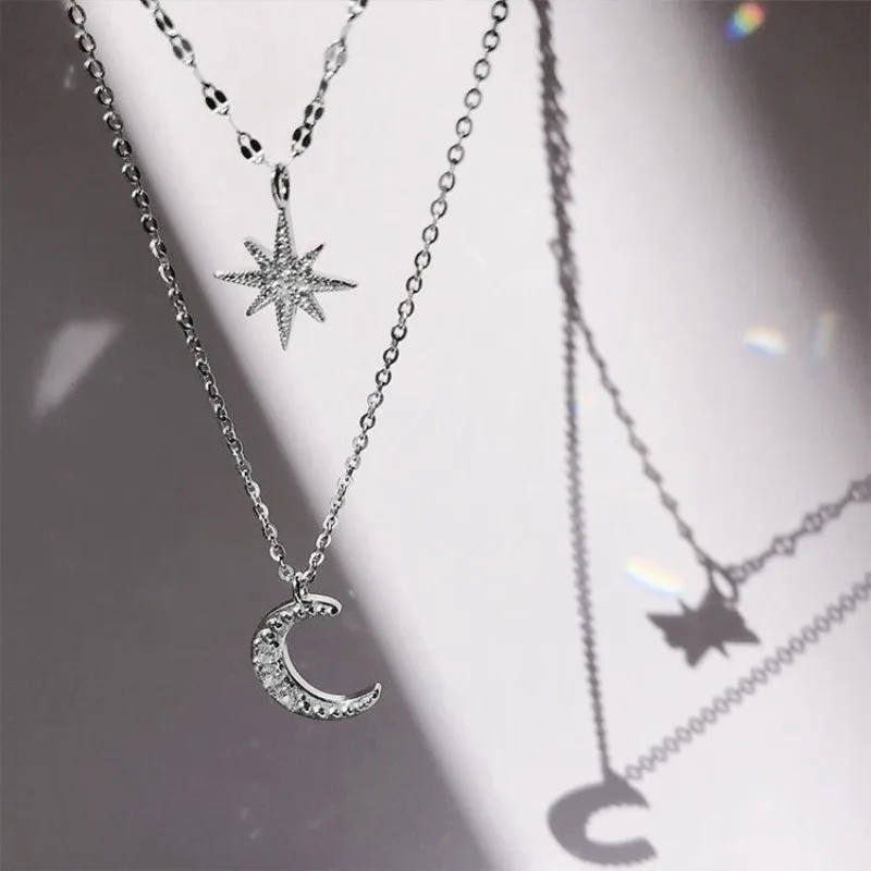 New Fashion Silver Color Double Layer Star Moon Necklace for Women Charm Delicate Zircon Wedding Pendant Choker Chain Jewelry