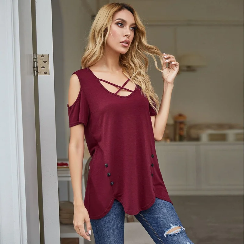 European and American Women's Clothing Top T-shirt Strap Shoulder Sleeve Hollow out Irregular Hem T-shirt Women Top