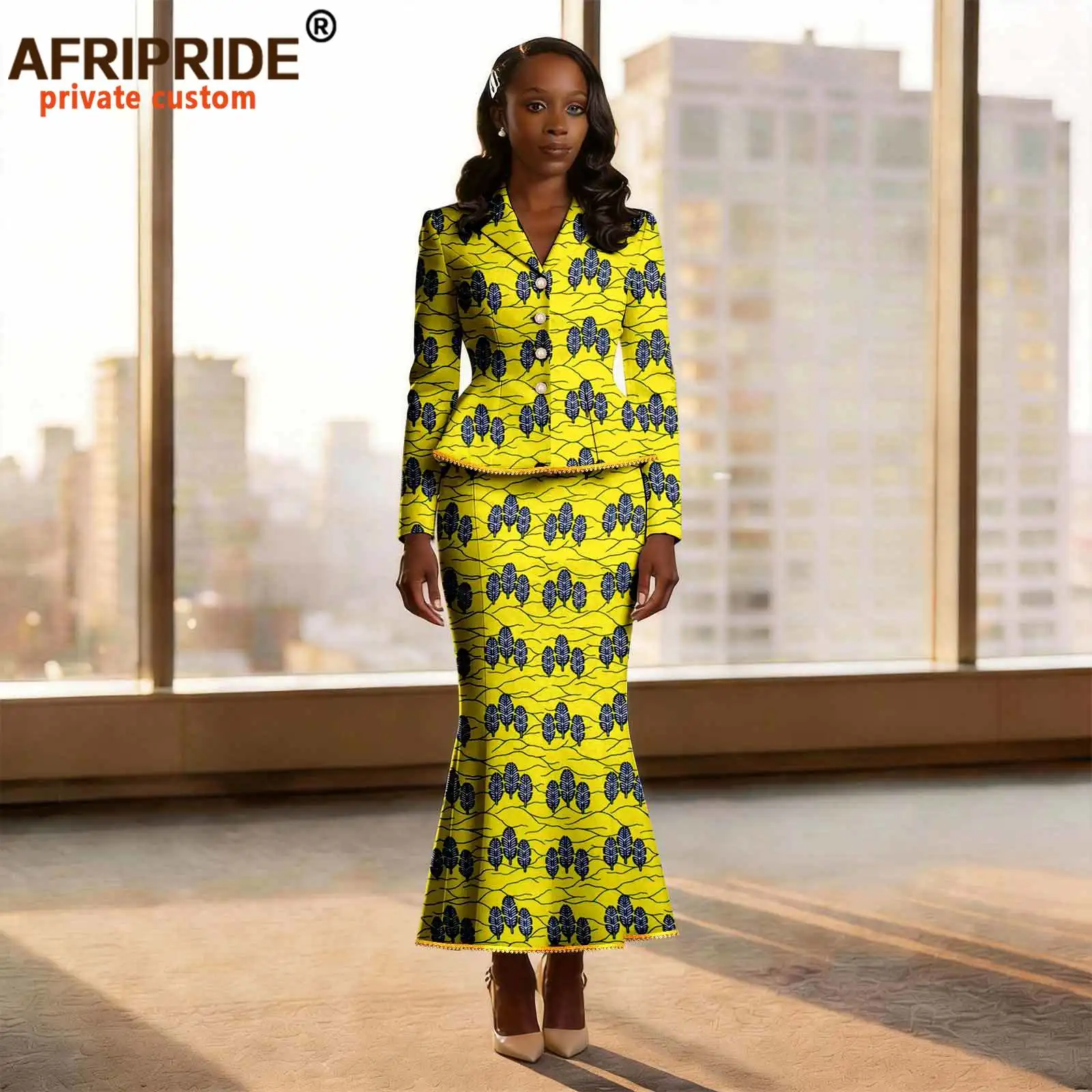 

African Clothes for Women Full Sleeve Single Breasted Applique Jacket and Midi Skirts Set Print Outfits Ankara Attire 2626036