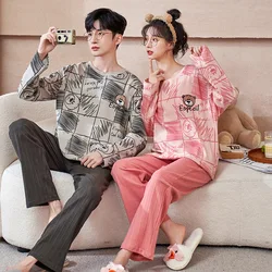 New Spring Soft Cotton Loungewear for Couple Women Men Cartoon Printing Sleepwear Fashion Pajama Sets for Youth Lovers Dropship