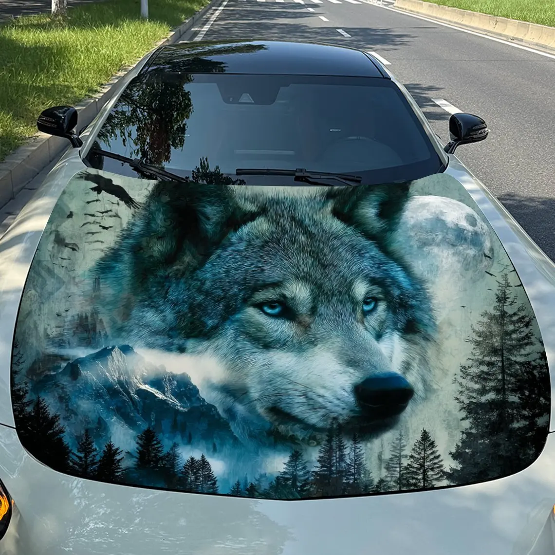 

Wolf at Moon Mountain Forest Secret Car Vinyl Wrap, PVC Material Waterproof Car Hood Sticker, Self-Adhesive Scratch-Resistant St