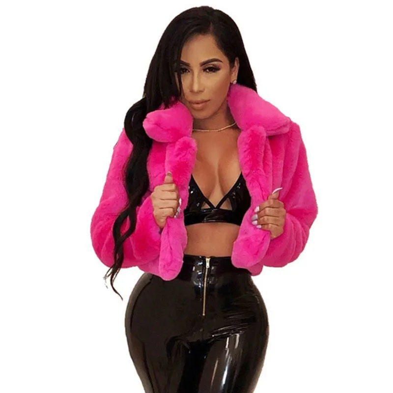 Fashion Faux Fur Women Coat Lapels Crop Jackets Women's Clothing Autumn Winter Solid Long Sleeve Thicken Warm Fluffy Plush Tops