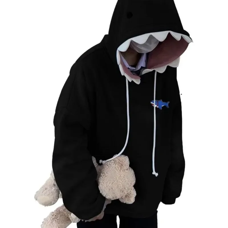 Otoño Invierno divertido parche de tiburón sudaderas con capucha hombres deporte Casual suelta moda pareja pulóver sudaderas con capucha RFREW