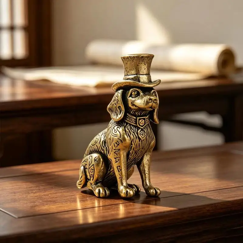 Brass Gentleman Dog Miniatures Statue Top Hat Dog Figurine Desktop Home Decor Ornament Vintage Brass Animal Figurine