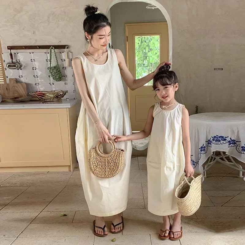 Elegant Dress Summer Mommy Baby Girl One Piece Clothes Mother Girl ClothesDressed for Mom Daughter Matching Sleeveless Beige