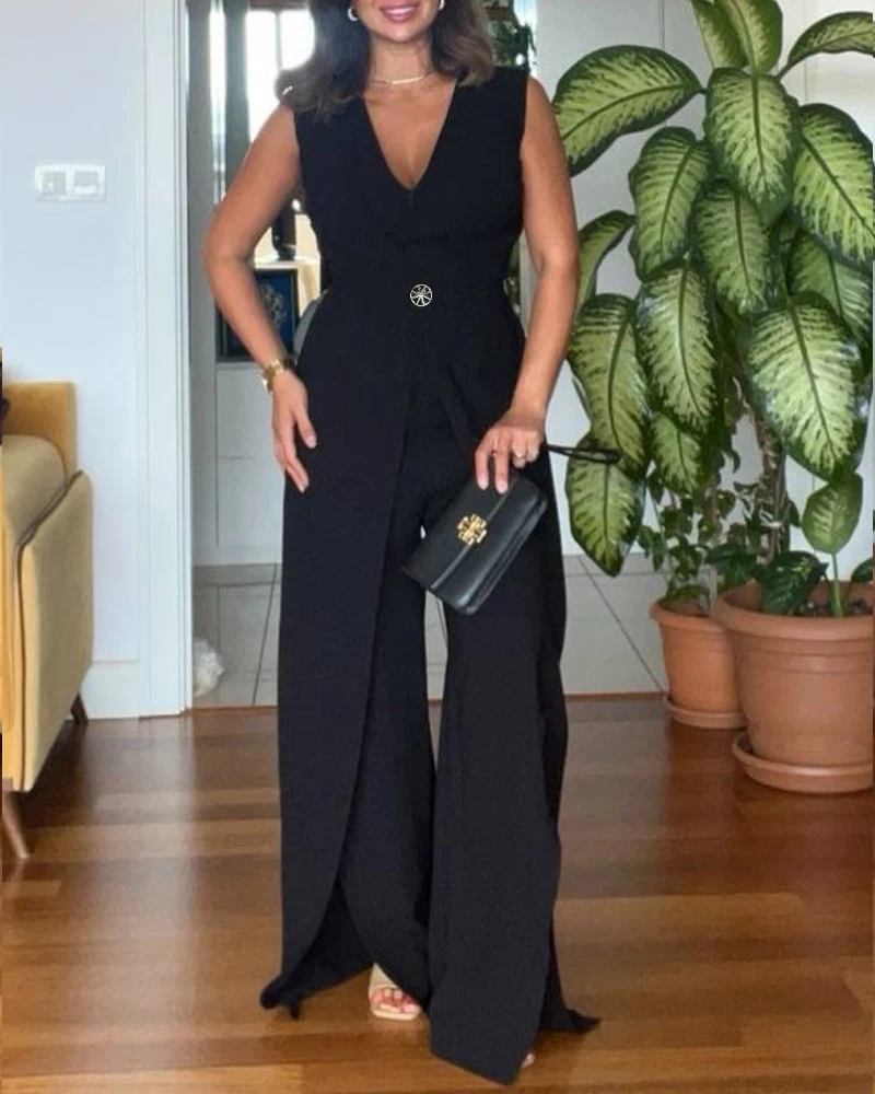 Jumpsuit Women 2025 Summer New Elegant Plunge Sleeveless Button False Two Pieces High Waist Casual Wide Leg Jumpsuit