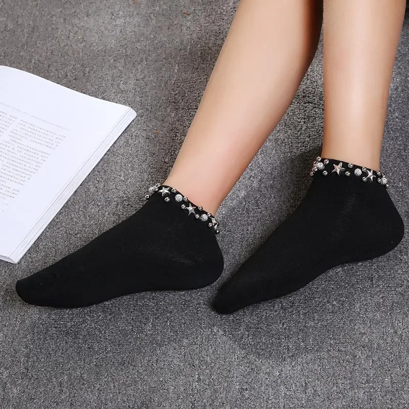 Handmade Japan Pearl Fishnet Socks Women Creative Socks Harajuku Hollow Out College Style  Cotton  Boat Socks