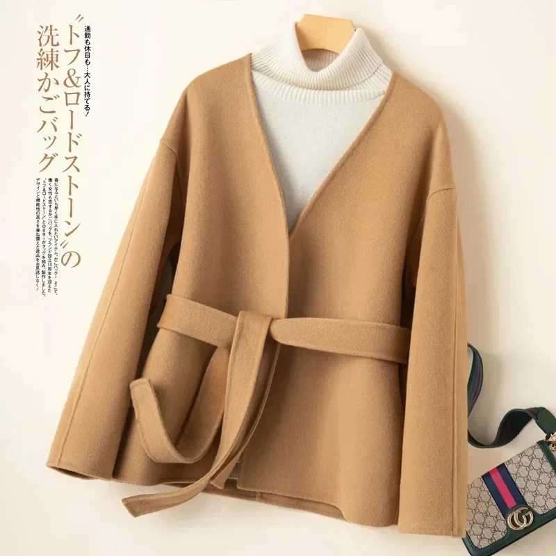 Coats Cardigan Autumn Winter Clothes Korean Style Double-sided Wool Coat Women Short V-Neck Small High-End Handmade Woolen Belt