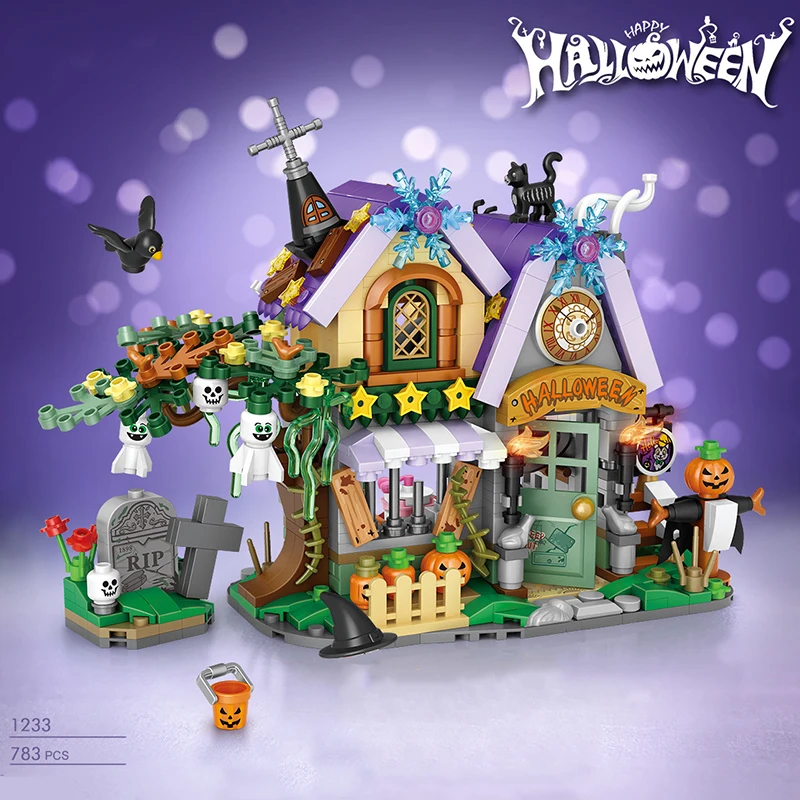 Mini Building Blocks Halloween Haunted House Pumpkin Scarecrow Monster Grave Garden Model Assemble Toys Gift Home Decoration