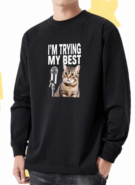 

T shirt men autumn Crewneck Streetwear Long sleeves Graphic tee Cat Microphone Aesthetic clothing Casual Printed t shirt vintage