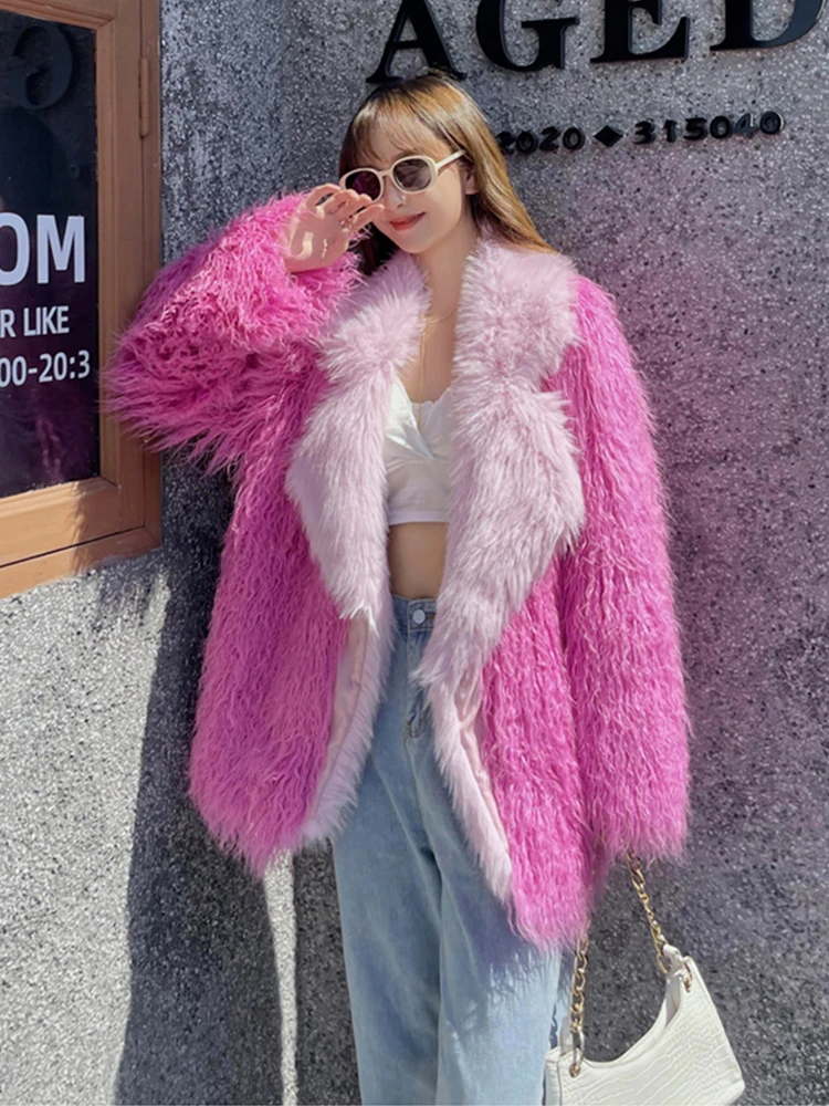 ZADORIN High Quality Fluffy Faux Mongolia Sheep Fur Coat Women Elegant Lapel Mid Long Barbie Pink Jacket Winter Fur Coats Women