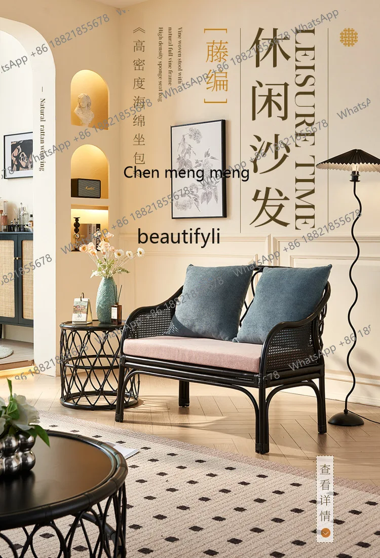 أريكة مزدوجة من الخيزران بالكامل لغرفة المعيشة المنزلية، أريكة من الخيزران بحافة، أريكة قماشية للإقامة المنزلية #1