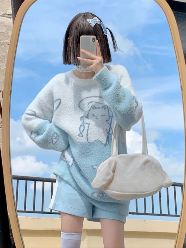 Sweet Y2k Aesthetic Grunge Cat Jacquard Sweaters Kawaii Casual Contrast Color Jumpers 2024 Japanese Knitted Women Pullovers