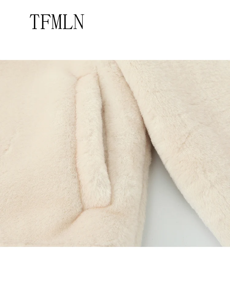 TFMLN 2025 冬 レディース フェイクファー 暖かいジャケット ファッション 長袖 シングルブレスト ラウンドネック コート シック レディース ストリートウェア トップス