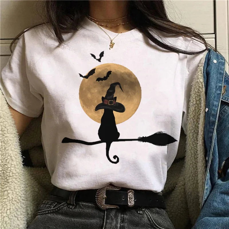 Camiseta feminina dos desenhos animados bruxa magia kawaii tshirt halloween crânio harajuku estética pro escolha oversized t camisa