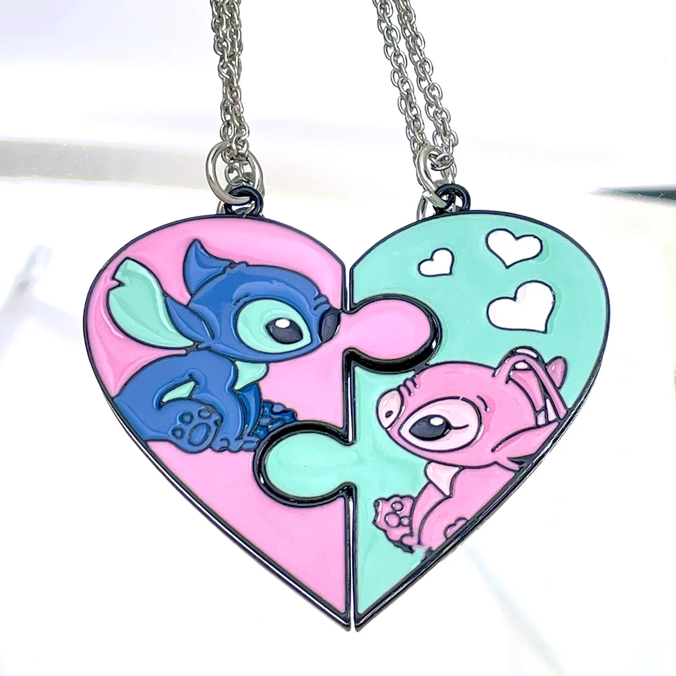 Disney Stitch & Angel Pendant Necklaces for Women Men Sweet Puzzle Heart Necklaces Keychain Accessories Gifts for Birthday Party