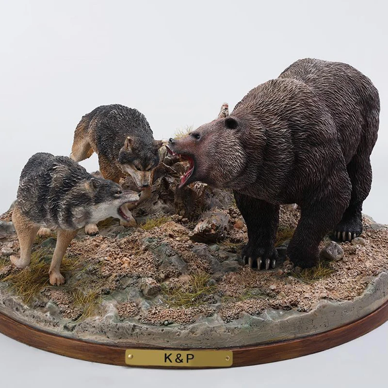 

In Stock K&P Narrow Road Simulation Animal Grey Wolf Brown Bear Model Gk Handheld Trendy Doll With Platform Base Ornament
