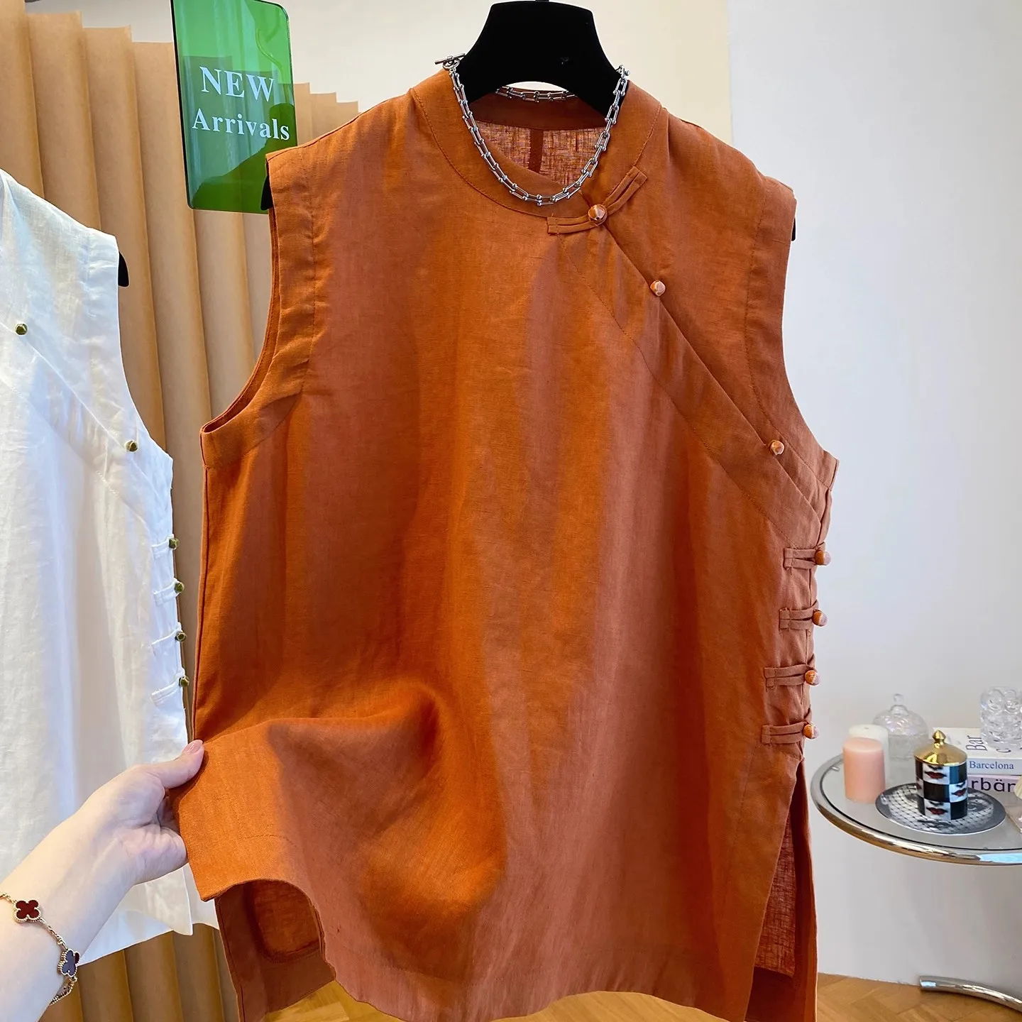 

Chinese Style Summer New Loose Linen Sleeveless Shirt Women's Fashionable Top Small Shirt Vest Stand Collar Pure Color