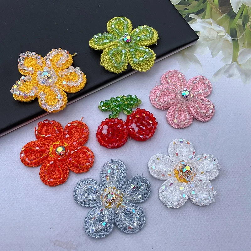 Pegatina de tela de flor de cerezo con cuentas de cristal, decoración de cinco pétalos, flor de ciruelo, 5 piezas