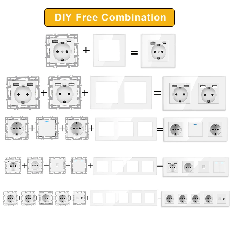 jhjch wall-mounted module diy European standard white glass panel power socket switch button function free combination