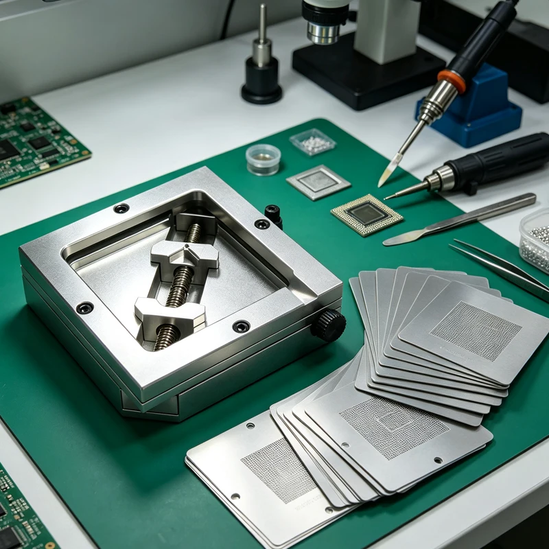 LY BGA Reballing Station Fixture Jig 90MM Template Holder with 10Pcs Universal 90MM Stencils for BGA Rework Soldering Repair