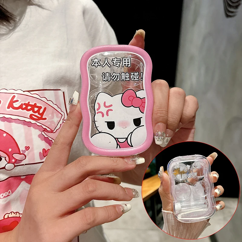 2024 Kawaii Cute Sanrio Hellokitty Contact Lens Case Meitong Box with Mirror Portable Sweet Anime Birthday Gift Toys For Girls