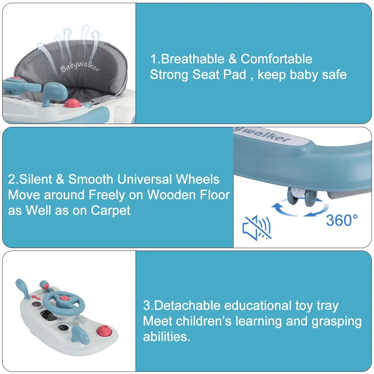 Trotteur d'activité pliable pour bébé, marcheur à pousser avec plateau d'alimentation amovible et plateau à musique pour bébé de 6 à 18 mois