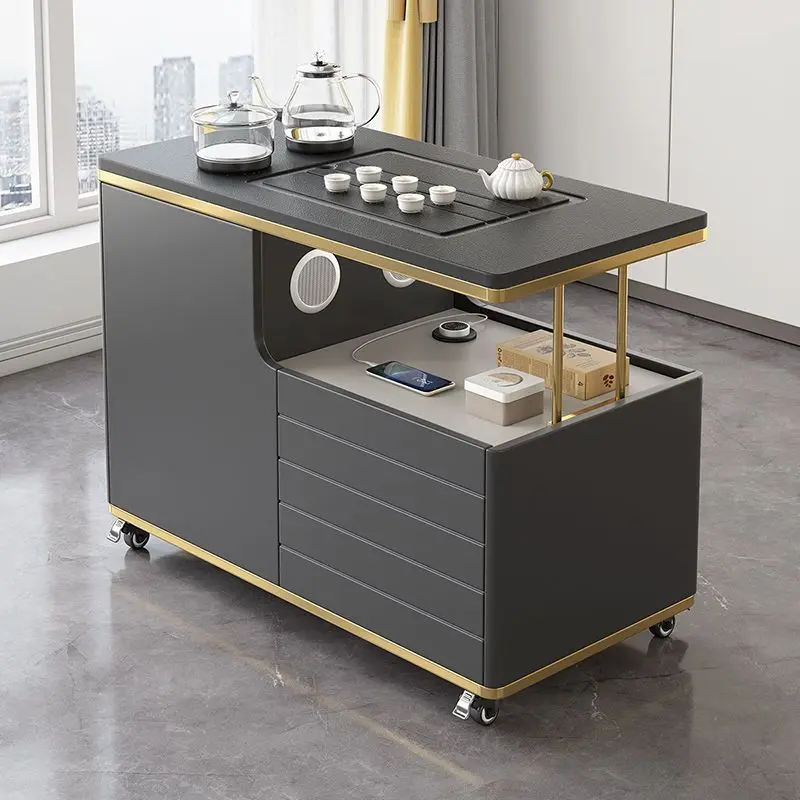 Mobile tea table Household small tea cart Kettle integrated fire stone tea table Living room Balcony Multifunctional