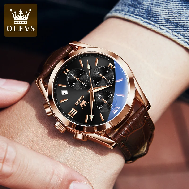 นาฬิกาข้อมือผู้ชาย OLEVS รุ่นโครโนกราฟอเนกประสงค์ ยี่ห้อแท้ สายหนัง กันน้ำ นาฬิกาควอตซ์สำหรับนักธุรกิจ