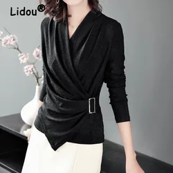 Office Lady Black Bright Silk Cross Connection V-Neck Blouse Versatile Temperament High Strecth Clothing Three Dimension Belt