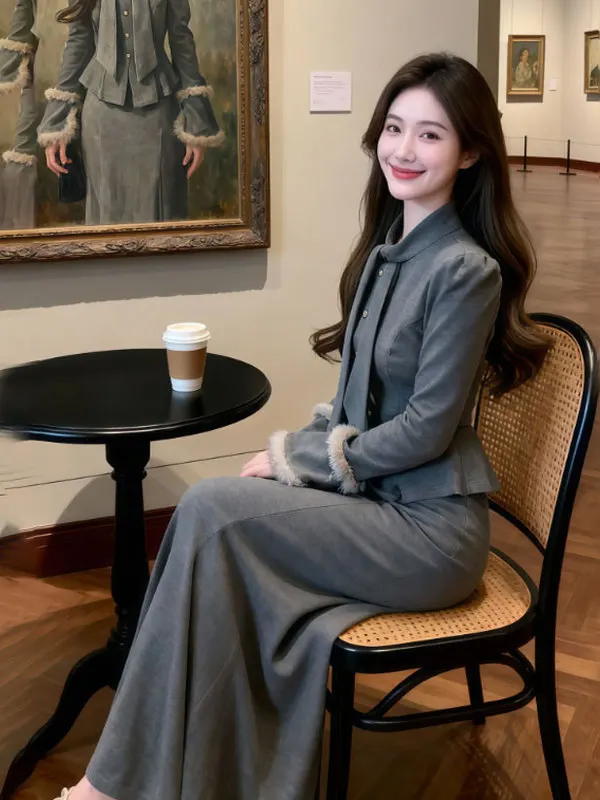 

Корейский модный комплект из юбки и топа: уютный зимний костюм из хлопка с длинным рукавом и круглым вырезом