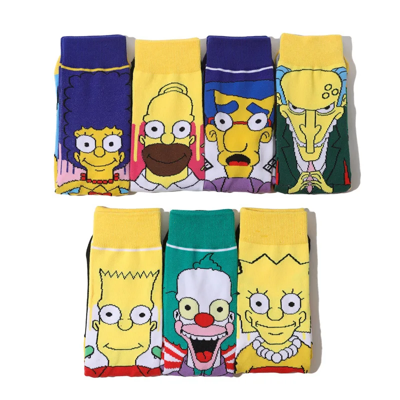 Harajuku Autumn The Simpsons Men Socks Cartoon Trend Personality Skateboard Women Socks Anime Middle Tube Cotton Unisex Socks