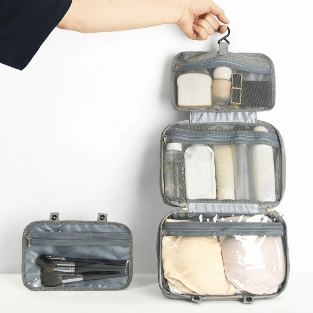 Solid Color Hanging Cosmetic Bags Large Capacity Zipper Makeup Bags Wet Dry Separated Waterproof Toiletry Storage Bag Men
