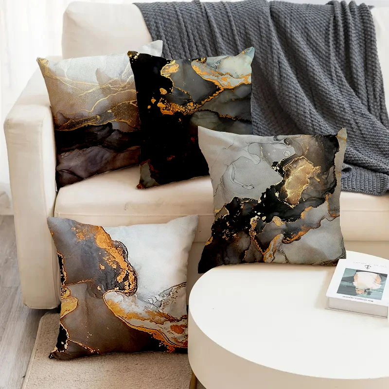 

Ins Style Golden Black Ink Drawing Printed Soft Square Pillowslip Linen Blend Cushion Cover Pillowcase Living Room Home Decor