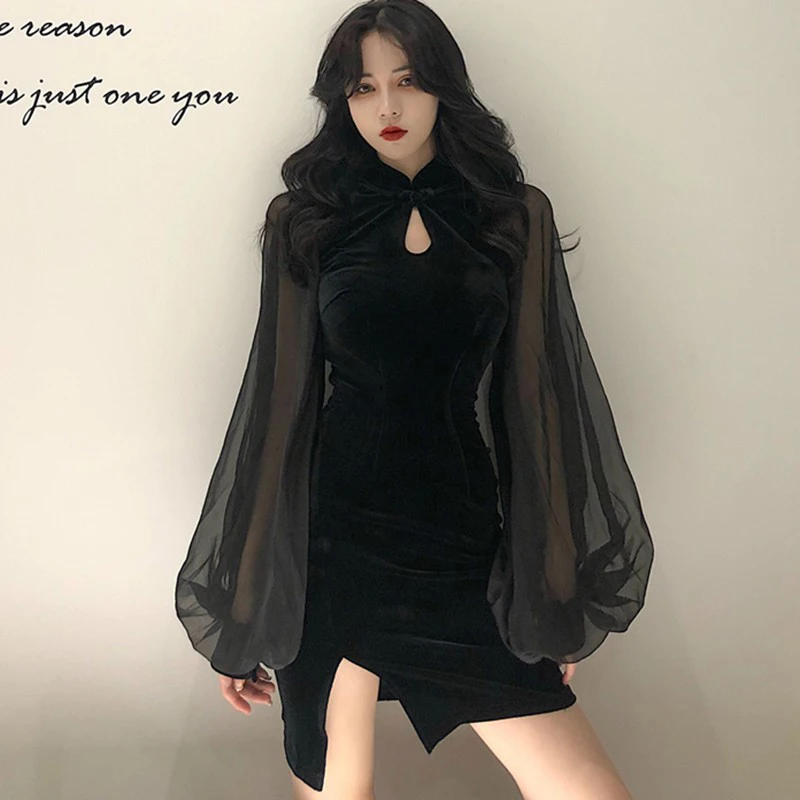 Women\'s Cheongsam Qipao Dress  Velvet Side Split Lantern Sleeve Slim Fit Long Sleeves Dress Mandarin Collar  Mini Dress